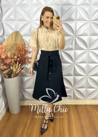 Saia Mileide Em Alfaiataria - Preta - Milla Chic