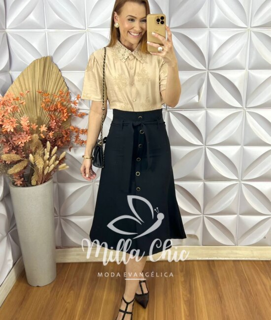 Saia Mileide Em Alfaiataria - Preta - Milla Chic