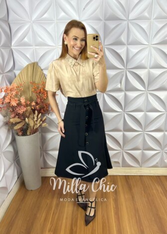 Saia Mileide Em Alfaiataria - Preta - Milla Chic