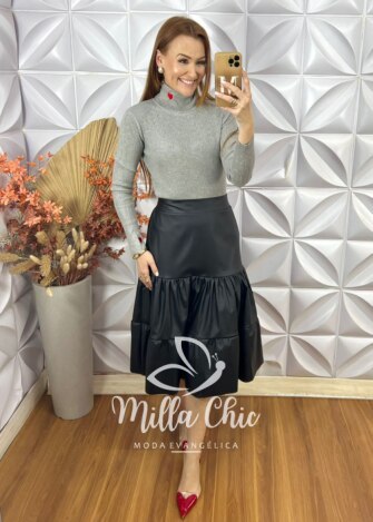 Milla Chic - millachic com br saia miranda em p u preta Saia Miranda Em P.U - Preta - Milla Chic