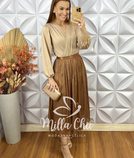 Saia Sophia Em Tule - Marrom - Milla Chic