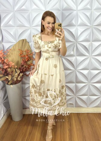 Vestido Agnes Bordado - Bege - Milla Chic