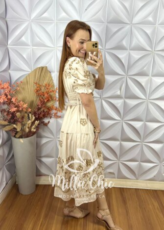 Vestido Agnes Bordado - Bege - Milla Chic