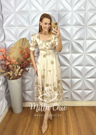 Vestido Agnes Bordado - Bege - Milla Chic