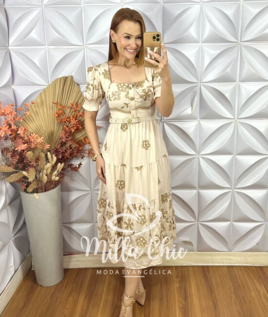 Vestido Agnes Bordado - Bege - Milla Chic