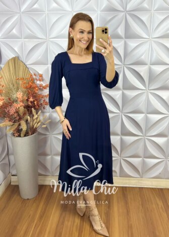 Vestido Leonor Em Viscolinho - Azul Marinho - Milla Chic