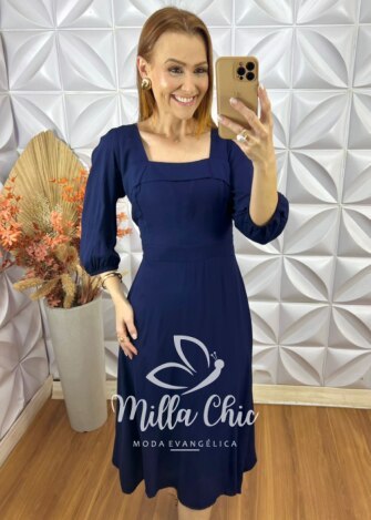 Vestido Leonor Em Viscolinho - Azul Marinho - Milla Chic