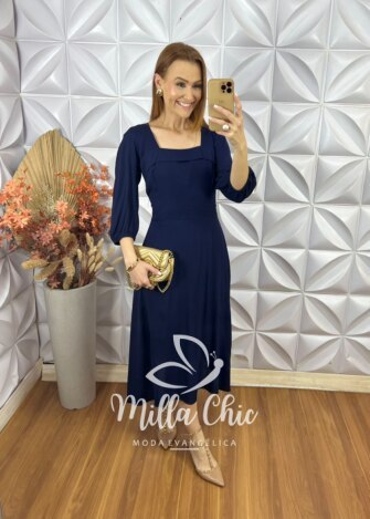 Vestido Leonor Em Viscolinho - Azul Marinho - Milla Chic