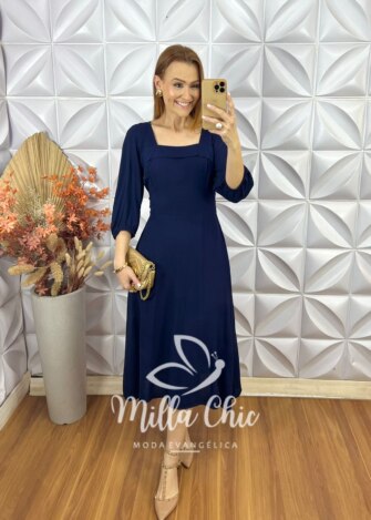 Vestido Leonor Em Viscolinho - Azul Marinho - Milla Chic