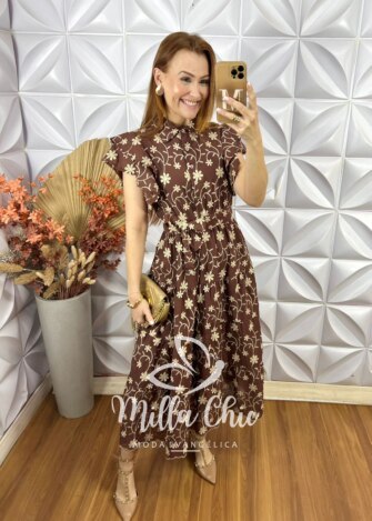 Vestido Lolla Em Lesie Bordado 3 D - Marrom - Milla Chic