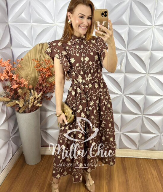 Vestido Lolla Em Lesie Bordado 3 D - Marrom - Milla Chic
