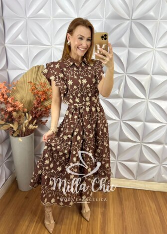 Vestido Lolla Em Lesie Bordado 3 D - Marrom - Milla Chic