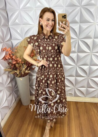 Vestido Lolla Em Lesie Bordado 3 D - Marrom - Milla Chic