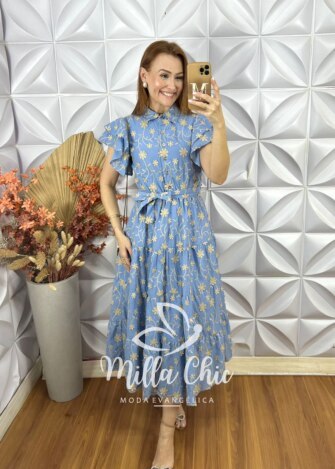 Vestido Lolla Em Lesie Bordado 3 D - Azul baby - Milla Chic