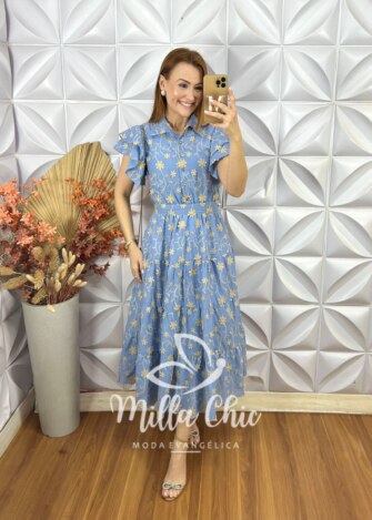 Vestido Lolla Em Lesie Bordado 3 D - Azul baby - Milla Chic