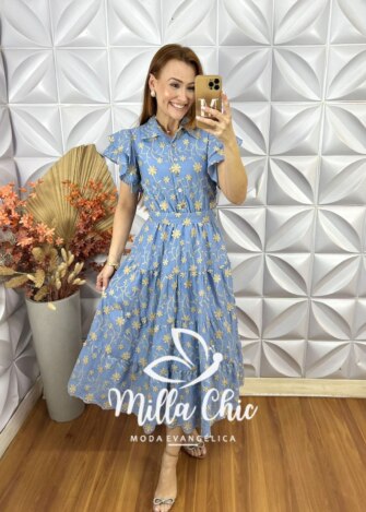 Vestido Lolla Em Lesie Bordado 3 D - Azul baby - Milla Chic