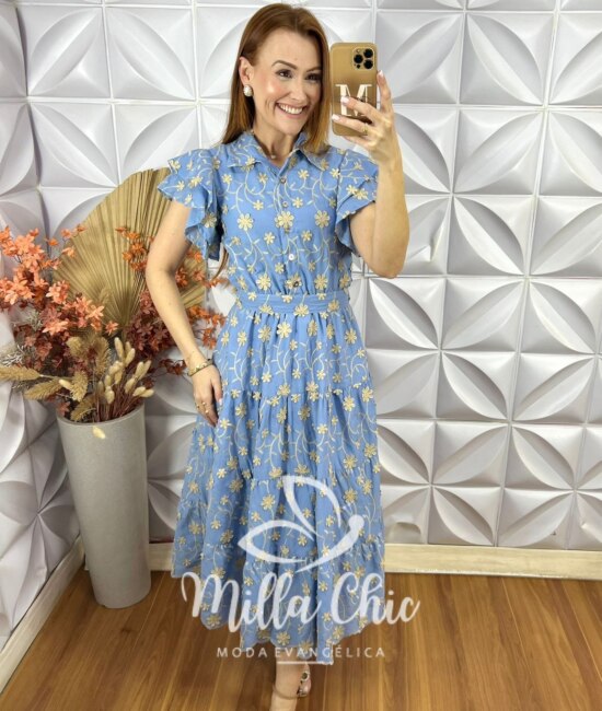 Vestido Lolla Em Lesie Bordado 3 D - Azul baby - Milla Chic