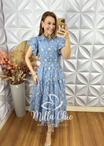 Vestido Lolla Em Lesie Bordado 3 D - Azul baby - Milla Chic