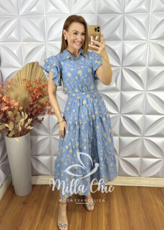 Vestido Lolla Em Lesie Bordado 3 D - Azul baby - Milla Chic