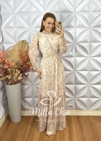 Vestido Longo Celina Em Tule - Areia - Milla Chic