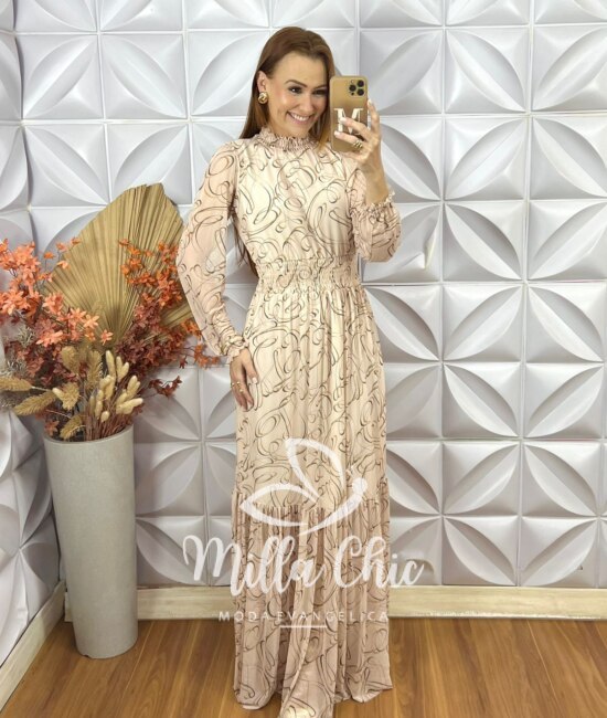 Vestido Longo Celina Em Tule - Areia - Milla Chic