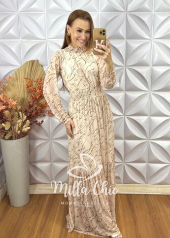 Vestido Longo Celina Em Tule - Areia - Milla Chic