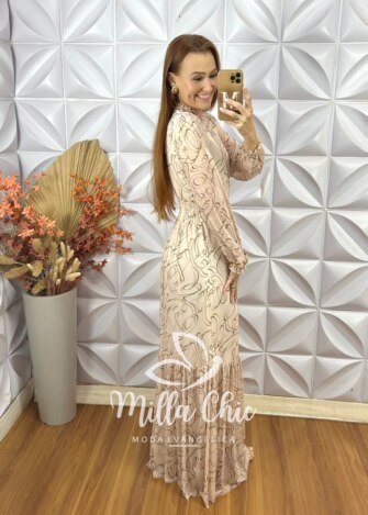 Vestido Longo Celina Em Tule - Areia - Milla Chic