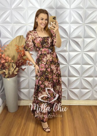Vestido Longo Heloísa Em Chiffon Devore - Marrom - Milla Chic