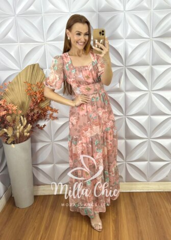 Vestido Longo Heloísa Em Chiffon Devore - Rosa - Milla Chic