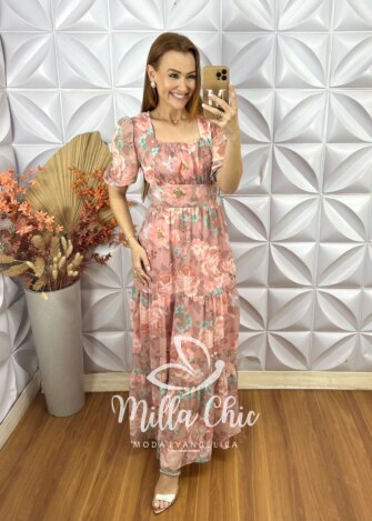 Vestido Longo Heloísa Em Chiffon Devore - Rosa - Milla Chic