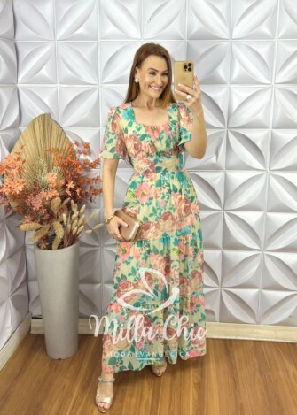 Vestido Longo Heloísa Em Chiffon Devore - Verde - Milla Chic