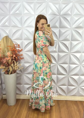 Vestido Longo Heloísa Em Chiffon Devore - Verde - Milla Chic