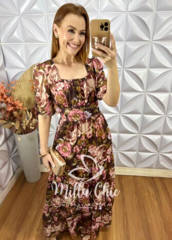 Vestido Longo Heloísa Em Chiffon Devore - Marrom - Milla Chic