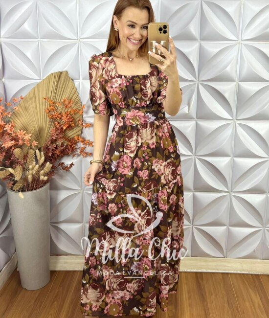 Vestido Longo Heloísa Em Chiffon Devore - Marrom - Milla Chic