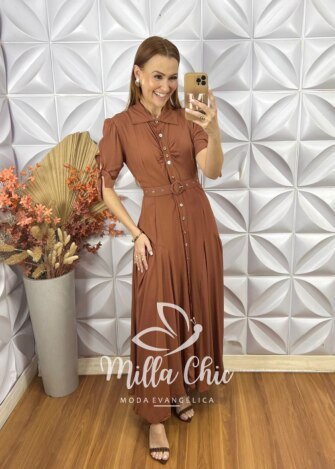 Vestido Longo Isabel Em Viscolinho - Marrom - Milla Chic