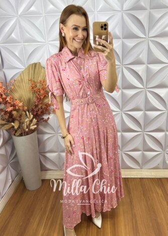 Vestido Longo Isabel Em Viscolinho - Rosa - Milla Chic