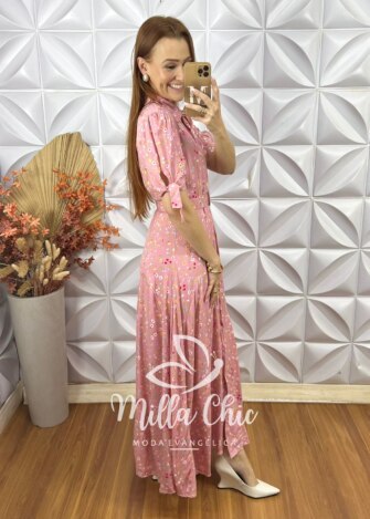 Vestido Longo Isabel Em Viscolinho - Rosa - Milla Chic