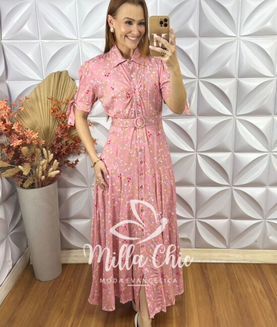 Vestido Longo Isabel Em Viscolinho - Rosa - Milla Chic