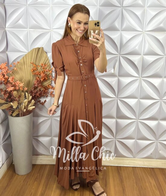Vestido Longo Isabel Em Viscolinho - Marrom - Milla Chic