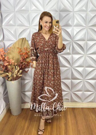 Vestido Luciana Em Viscolinho - Marrom - Milla Chic