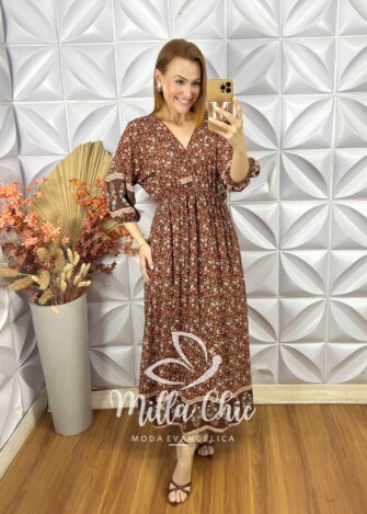 Vestido Luciana Em Viscolinho - Marrom - Milla Chic