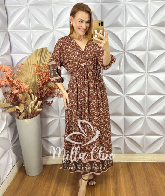 Vestido Luciana Em Viscolinho - Marrom - Milla Chic