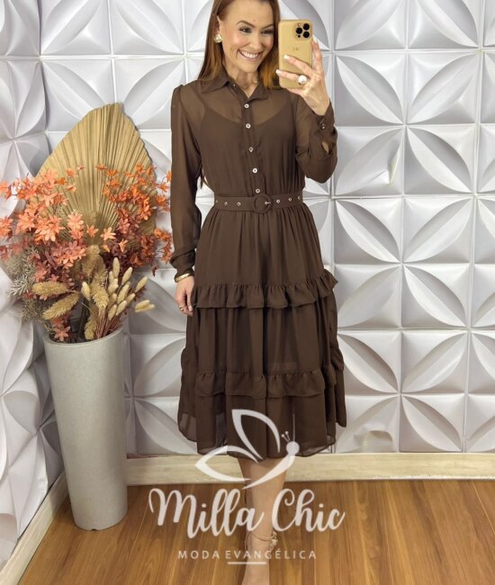 Vestido Paola Em Chiffon - Marrom - Milla Chic