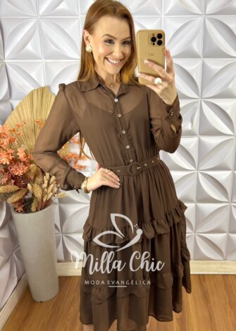 Vestido Paola Em Chiffon - Marrom - Milla Chic