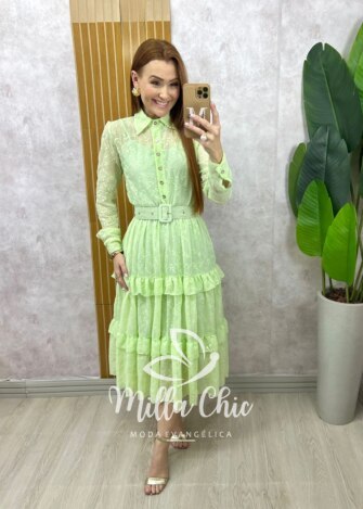 Vestido Rebeca em chiffon bordado Rosa Pó - Milla Chic