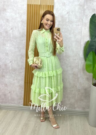Vestido Rebeca em chiffon bordado Rosa Pó - Milla Chic