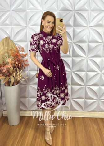 Vestido Raquel Em Viscoamida Bordado - Vinho - Milla Chic