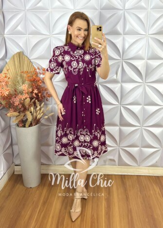 Vestido Raquel Em Viscoamida Bordado - Vinho - Milla Chic