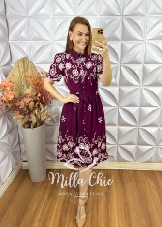 Vestido Raquel Em Viscoamida Bordado - Vinho - Milla Chic