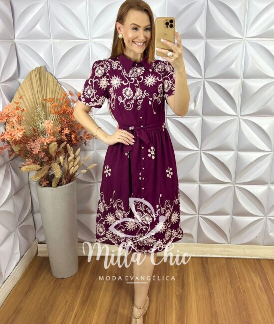 Vestido Raquel Em Viscoamida Bordado - Vinho - Milla Chic